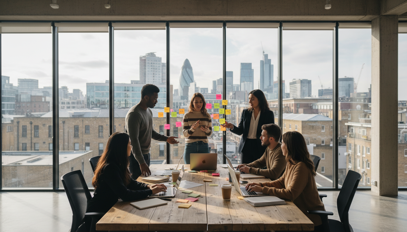 A diverse group of young entrepreneurs in a trendy, glass-walled London office with a view of the Shoreditch skyline, brainstorming with post-it notes and laptops, vibrant and energetic atmosphere.