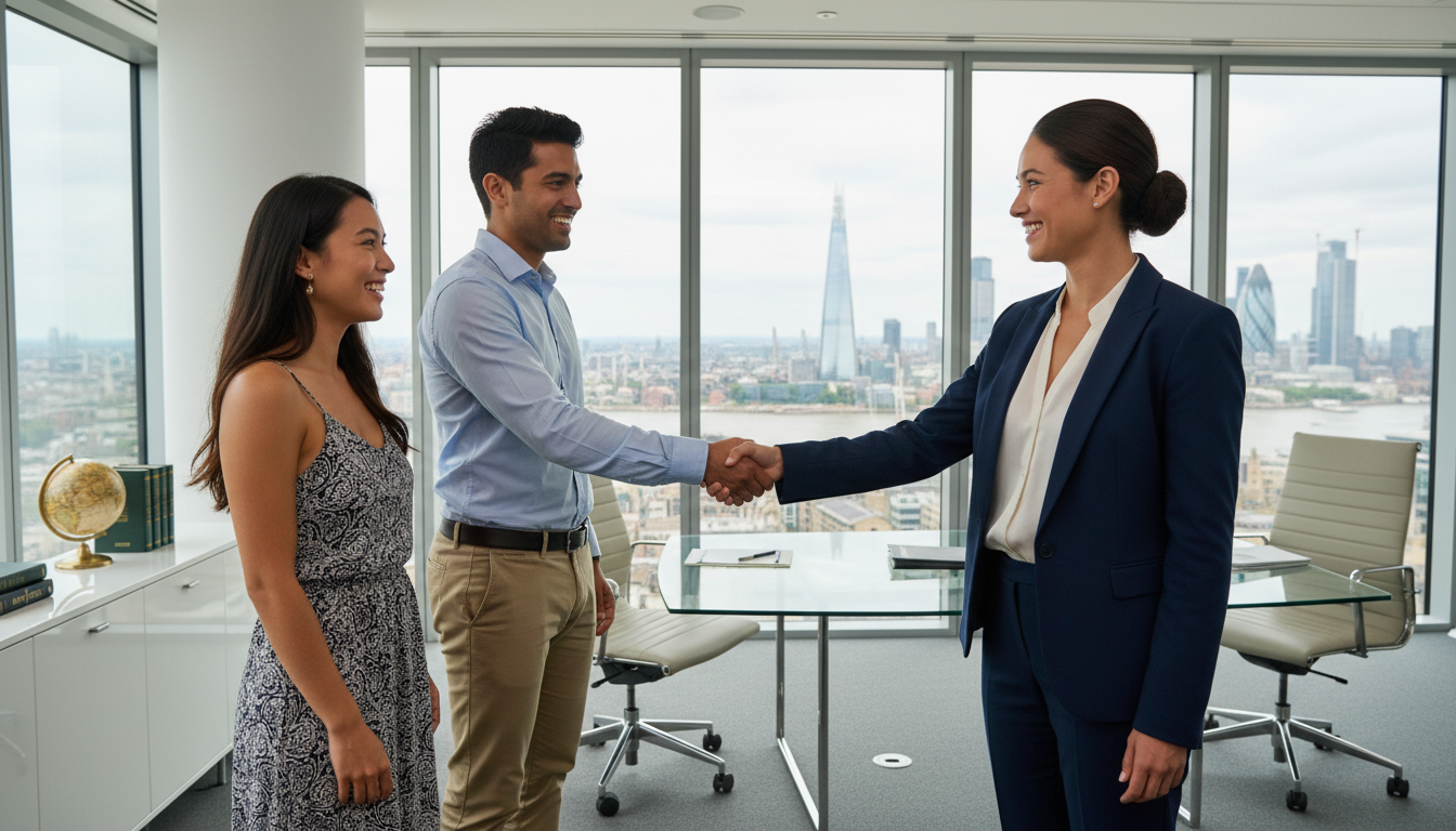 A professional female immigration lawyer in a sharp navy suit shaking hands with a happy expat couple in a bright, modern London office overlooking the city skyline, photorealistic, 8k