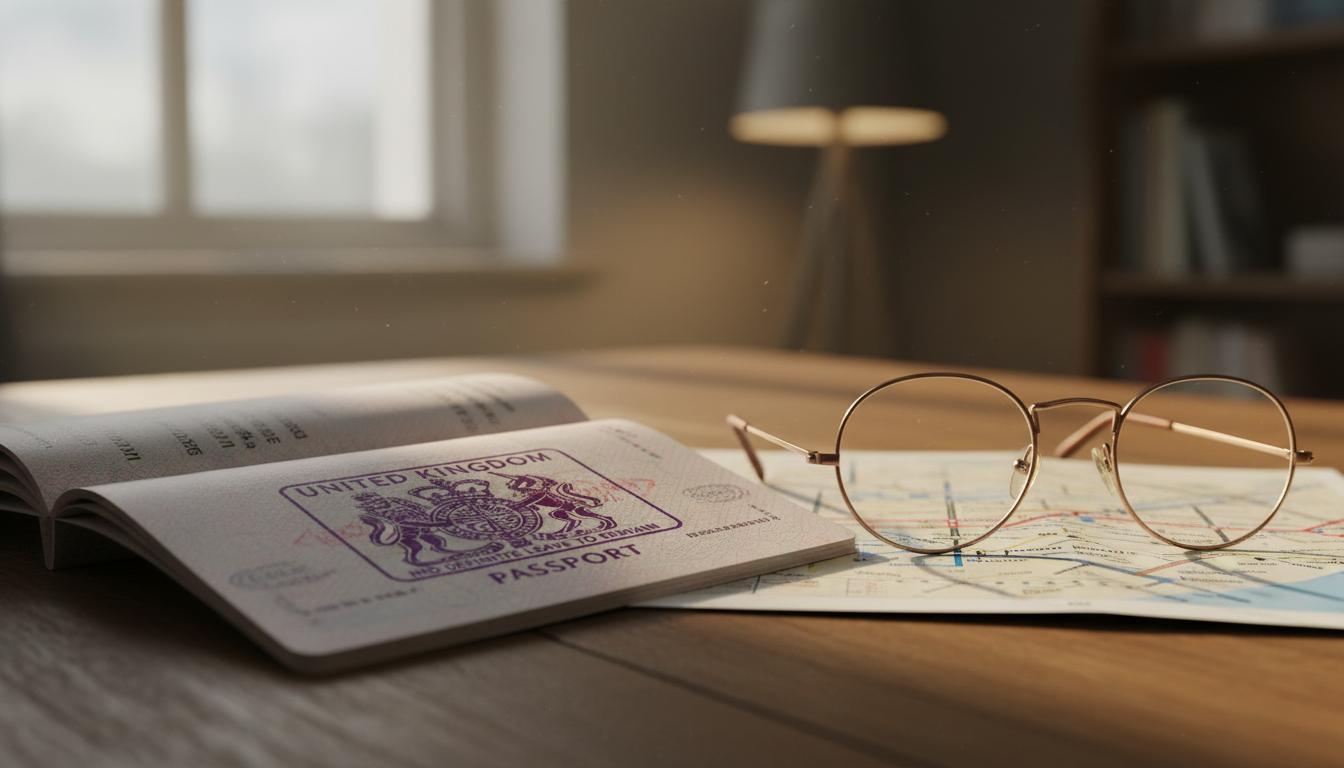 A close-up of a UK visa stamp on a passport page, resting on a wooden table next to a pair of glasses and a London Underground map, soft focus background, warm lighting