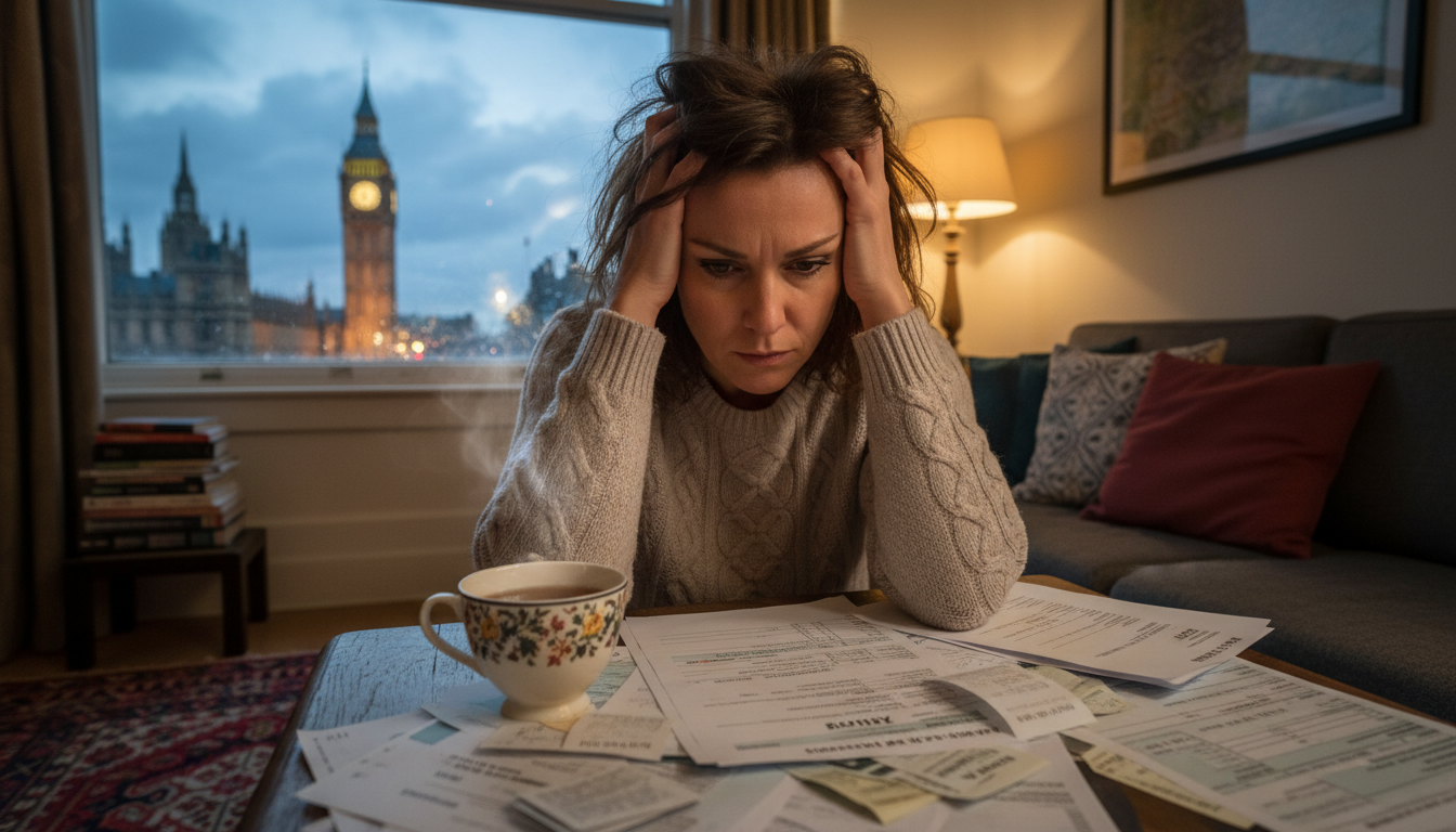 A stressed expat looking at a pile of tax forms with a cup of tea, with the Big Ben visible through the window in a cozy London apartment style, cinematic lighting, 4k.