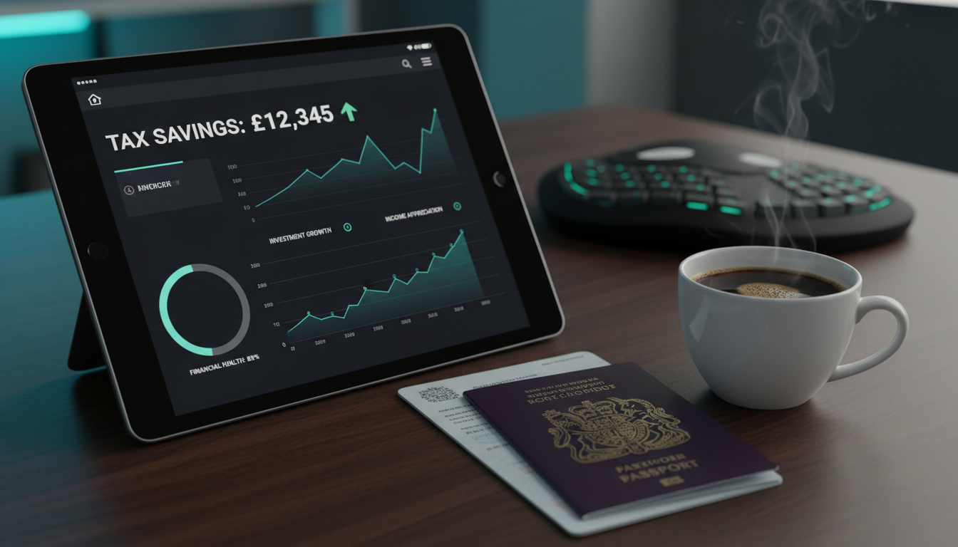 A professional digital dashboard on a tablet showing tax savings, pound symbols, and financial growth charts next to a British passport and a cup of coffee, high-tech financial aesthetic.