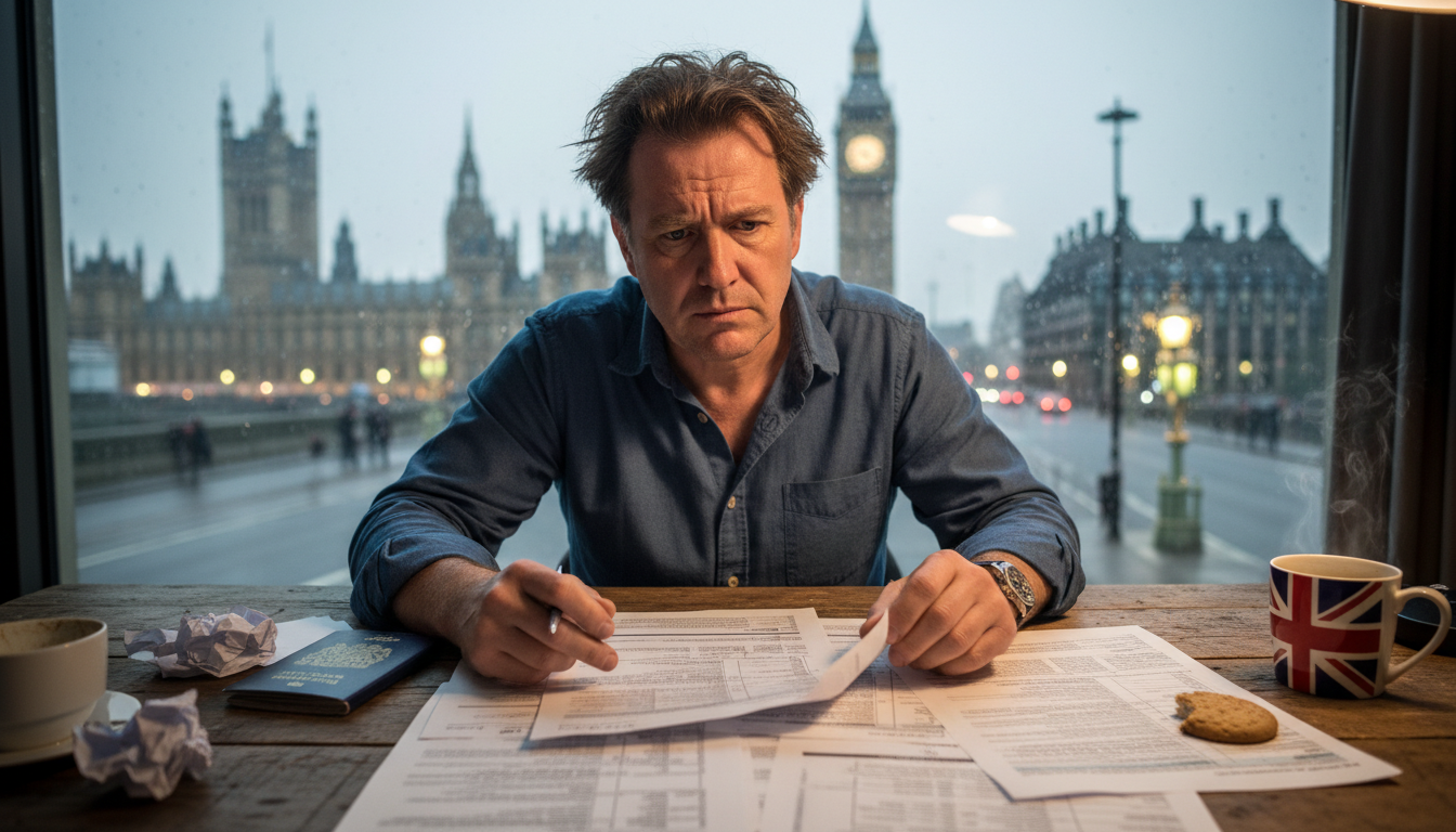 A confused expat sitting at a wooden desk covered in complex tax forms and a British passport, with a blurred view of Big Ben through a rainy window in the background.