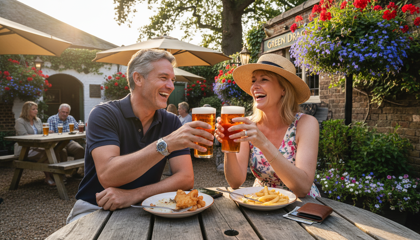 A happy, middle-aged expat couple laughing and clinking glasses of beer in a sunny, traditional English pub garden, looking relaxed and financially secure.