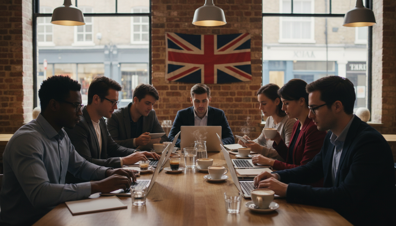A diverse group of young entrepreneurs sitting in a modern London cafe with laptops and coffee, a Union Jack flag subtly visible in the background, high-quality photography style.