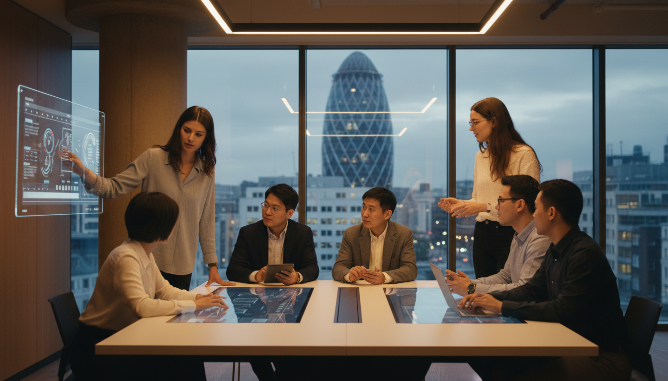 A diverse group of young entrepreneurs collaborating in a high-tech London co-working space with a view of the Gherkin building through the window, cinematic lighting, ultra-realistic.