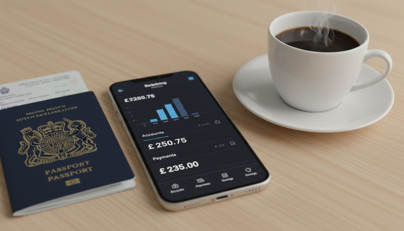 A close-up of a smartphone displaying a modern banking app with British Pound currency symbols, next to a passport and a cup of coffee on a wooden desk, sleek and professional aesthetic.