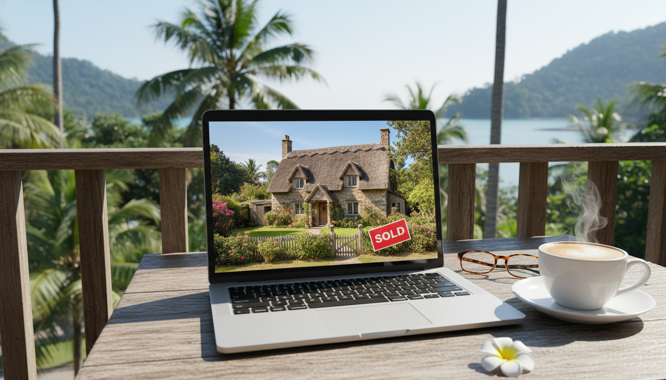 A cozy British cottage with a 'Sold' sign, framed by a laptop and a coffee cup on a sunny balcony in a tropical location, symbolizing a remote property purchase.