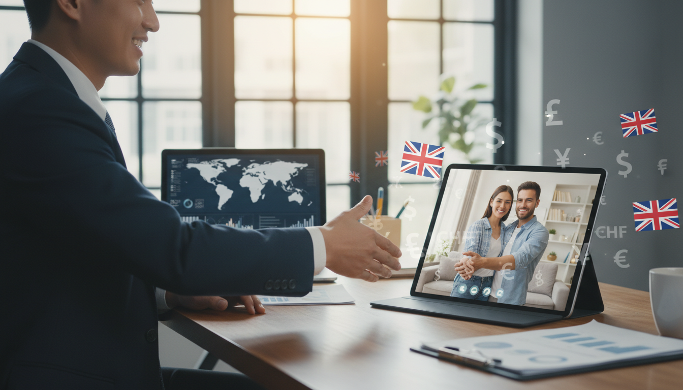 A professional mortgage broker shaking hands with a young couple via a video call on a tablet, with icons of the UK flag and global currencies floating around.